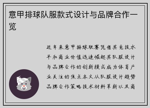 意甲排球队服款式设计与品牌合作一览